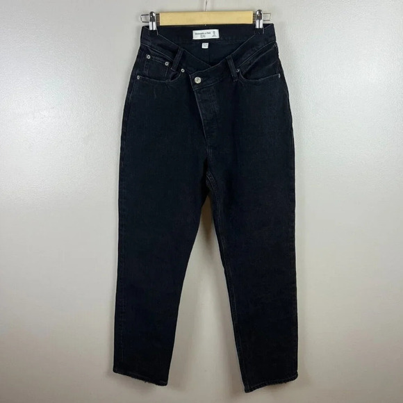 Abercrombie & Fitch Dad High Rise Jeans Size 0/25 Short Black Criss Cross Waist - Picture 2 of 10